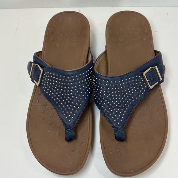 Vionic Capitola Thong Wedge Sandals Women Sz 9.5 Navy Blue Buckle Studded - Picture 3 of 7